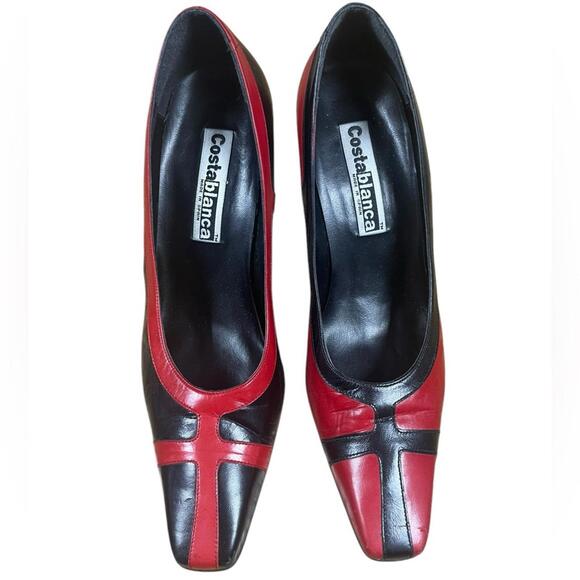 Vintage Costa Blanca 2 tone leather shoes EUC sz 9.5 Red black closed square toe - Picture 1 of 10